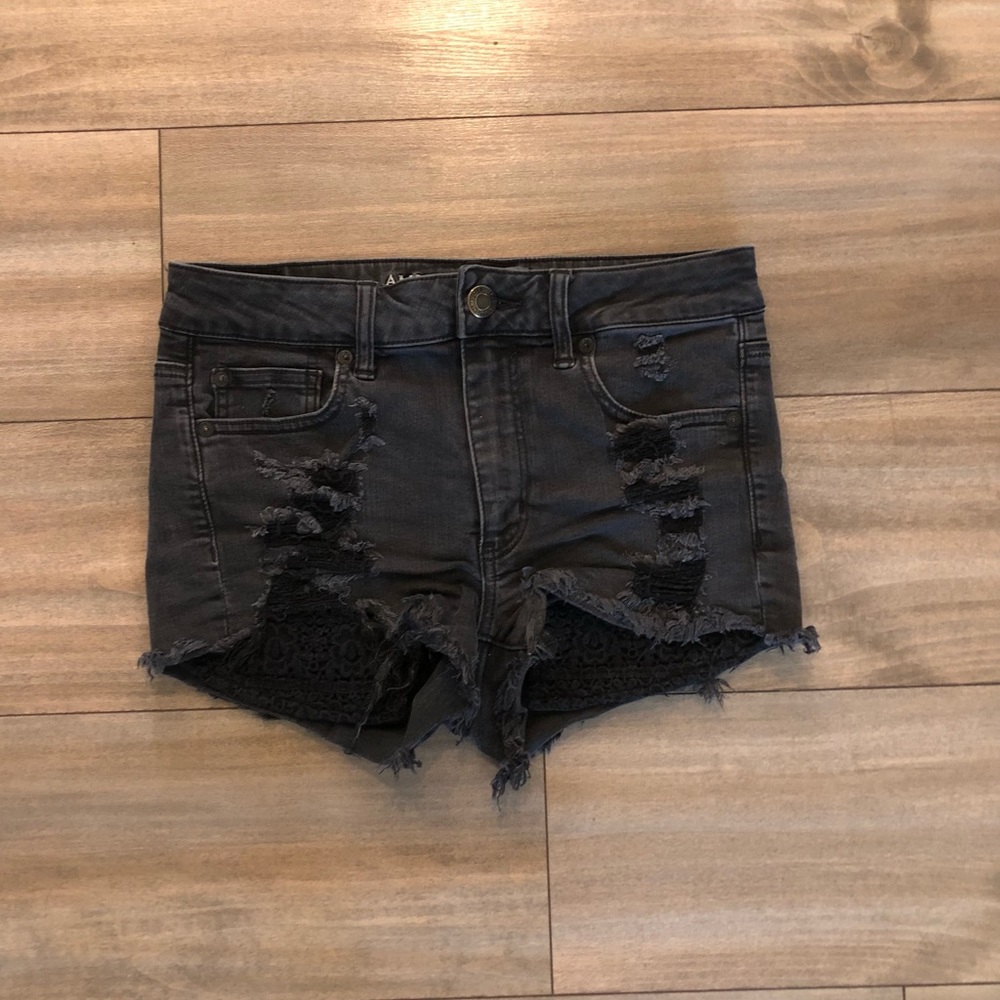 American Eagle Super Stretch Black Faded Denim with  Flower Lace Pockets